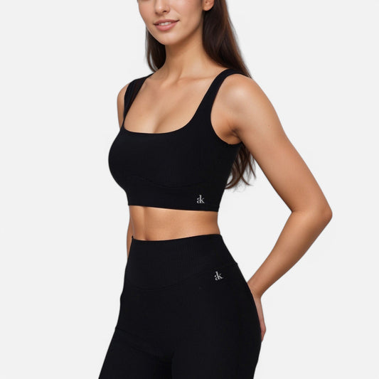Active Women's Ribbed Seamless Scoop Neck Crop Top with Wide Straps and Subtle Contour Stitching