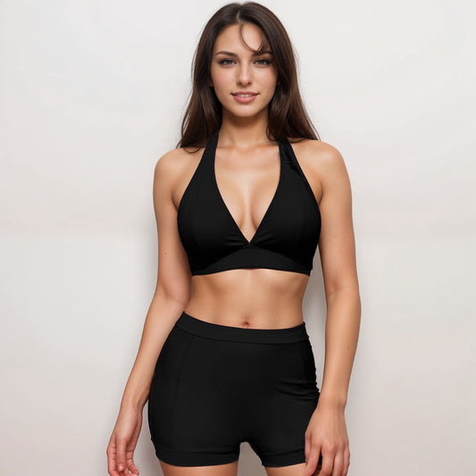 Swim Women's Two Piece Bikini Set with Halter Triangle Top and High Waist Swim Shorts Bottom
