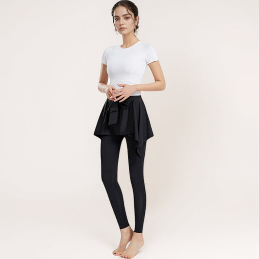 Full-Length Leggings with Attached Tie-Front Skirt Overlay for Active and Casual Looks