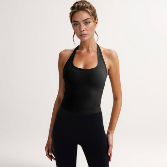 Women's Halter Neck Cropped Tank Top with Built-In Bra and Stretch Fabric for Workout or Casual Wear