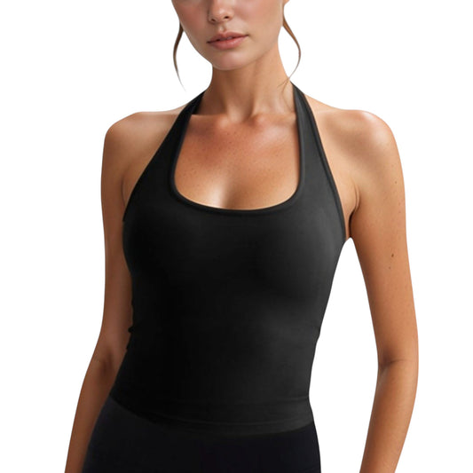 Women's Halter Neck Cropped Tank Top with Built-In Bra and Stretch Fabric for Workout or Casual Wear