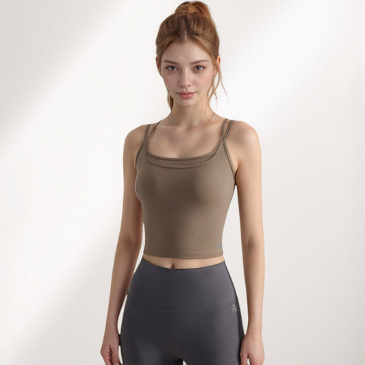 Women's Longline Sports Bra with Double Spaghetti Straps and Layered Scoop Neck for Low Impact Workouts