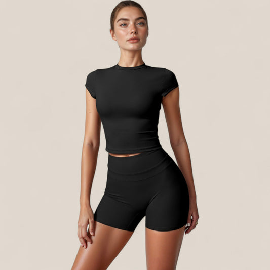 Fitted Crop Active Tee Short Sleeve Round Neck Stretch Performance Fabric - Small, Beige
