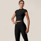 Fitted Crop Active Tee Short Sleeve Round Neck Stretch Performance Fabric - Small, Beige