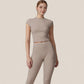 Fitted Crop Active Tee Short Sleeve Round Neck Stretch Performance Fabric - Small, Beige