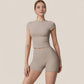 Fitted Crop Active Tee Short Sleeve Round Neck Stretch Performance Fabric - Small, Beige