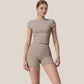 Fitted Crop Active Tee Short Sleeve Round Neck Stretch Performance Fabric - Small, Beige