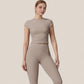 Fitted Crop Active Tee Short Sleeve Round Neck Stretch Performance Fabric - Small, Beige