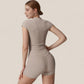 Fitted Crop Active Tee Short Sleeve Round Neck Stretch Performance Fabric - Small, Beige