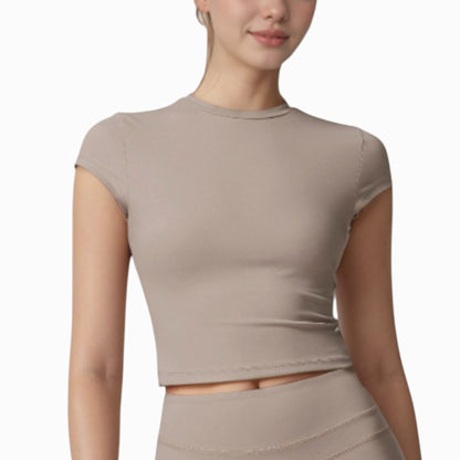 Fitted Crop Active Tee Short Sleeve Round Neck Stretch Performance Fabric - Small, Beige