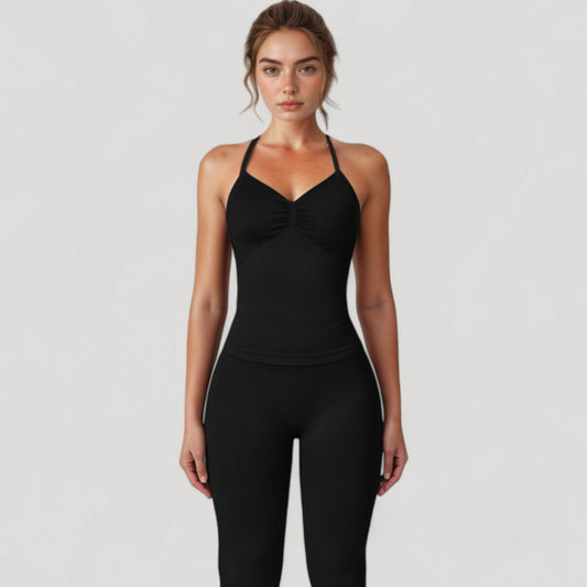 Seamless Padded Cami Tank Top with Ruched Front Detail and Adjustable Halter Straps - Small, Gray