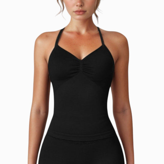Seamless Padded Cami Tank Top with Ruched Front Detail and Adjustable Halter Straps - Small, Gray