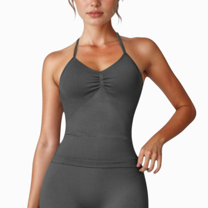 Seamless Padded Cami Tank Top with Ruched Front Detail and Adjustable Halter Straps - Small, Gray