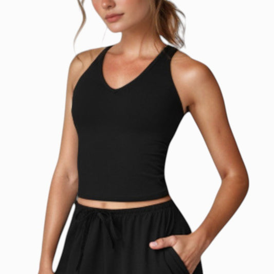 Cropped Active Tank Top with Built-In Bra and Racerback Design - Small, Brown