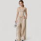 Cropped Active Tank Top with Built-In Bra and Racerback Design - Small, Brown