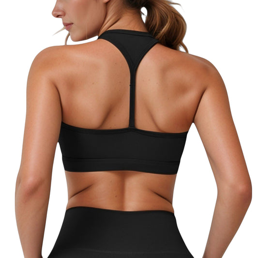 High Neck Sports Bra with Minimalist T-Back Strap Design and Smooth Stretch Compression Fit
