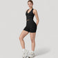 Seamless Ribbed Knit Halter Crop Top with V-Neckline and Built-In Support