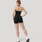 Seamless Ribbed Knit Halter Crop Top with V-Neckline and Built-In Support
