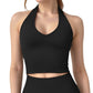 Seamless Ribbed Knit Halter Crop Top with V-Neckline and Built-In Support