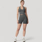 Seamless Ribbed Knit Halter Crop Top with V-Neckline and Built-In Support