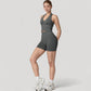 Seamless Ribbed Knit Halter Crop Top with V-Neckline and Built-In Support