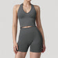 Seamless Ribbed Knit Halter Crop Top with V-Neckline and Built-In Support