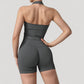 Seamless Ribbed Knit Halter Crop Top with V-Neckline and Built-In Support