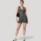 Seamless Ribbed Knit Halter Crop Top with V-Neckline and Built-In Support