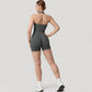 Seamless Ribbed Knit Halter Crop Top with V-Neckline and Built-In Support