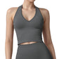 Seamless Ribbed Knit Halter Crop Top with V-Neckline and Built-In Support