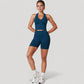 Seamless Ribbed Knit Halter Crop Top with V-Neckline and Built-In Support