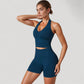 Seamless Ribbed Knit Halter Crop Top with V-Neckline and Built-In Support