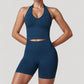 Seamless Ribbed Knit Halter Crop Top with V-Neckline and Built-In Support
