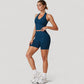 Seamless Ribbed Knit Halter Crop Top with V-Neckline and Built-In Support