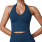 Seamless Ribbed Knit Halter Crop Top with V-Neckline and Built-In Support