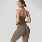 Seamless Ribbed Knit Halter Crop Top with V-Neckline and Built-In Support