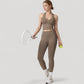 Seamless Ribbed Knit Halter Crop Top with V-Neckline and Built-In Support