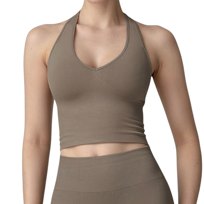 Seamless Ribbed Knit Halter Crop Top with V-Neckline and Built-In Support