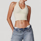 Seamless Ribbed Knit Halter Crop Top with V-Neckline and Built-In Support