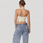 Seamless Ribbed Knit Halter Crop Top with V-Neckline and Built-In Support