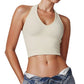 Seamless Ribbed Knit Halter Crop Top with V-Neckline and Built-In Support