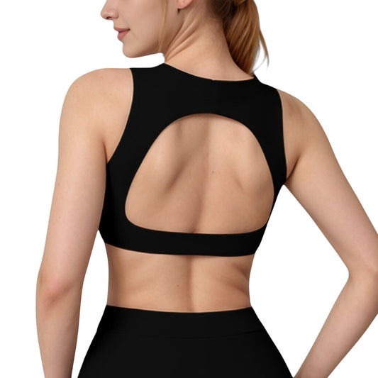 High Neck Sports Bra with Cutout Back Detail and Wide Underband for Medium Support
