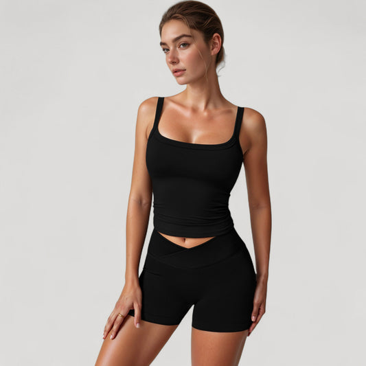 High Waist Seamless Ribbed Biker Shorts with Crossover Waistband and Compression Fit