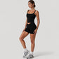 High Waist Seamless Ribbed Biker Shorts with Crossover Waistband and Compression Fit