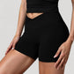High Waist Seamless Ribbed Biker Shorts with Crossover Waistband and Compression Fit