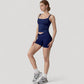 High Waist Seamless Ribbed Biker Shorts with Crossover Waistband and Compression Fit