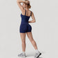 High Waist Seamless Ribbed Biker Shorts with Crossover Waistband and Compression Fit