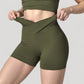 High Waist Seamless Ribbed Biker Shorts with Crossover Waistband and Compression Fit
