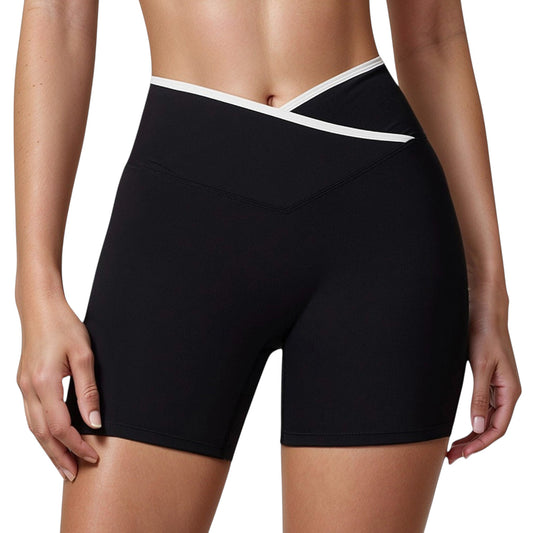 High Waist Crossover Athletic Shorts with Stretch Fabric and Flattering V Front Waistband