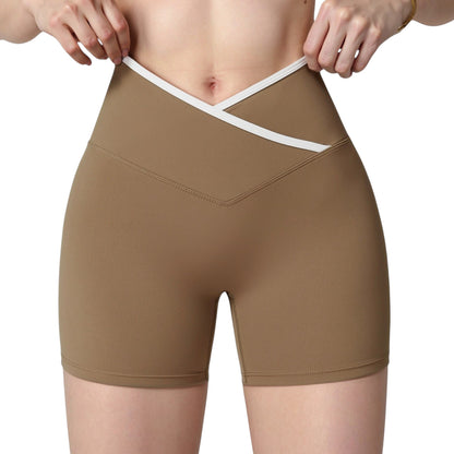 High Waist Crossover Athletic Shorts with Stretch Fabric and Flattering V Front Waistband